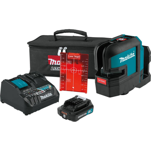 Makita 12V Max CXT Self-Leveling Cross-Line Red Laser Kit, bag, with one battery (2.0Ah)