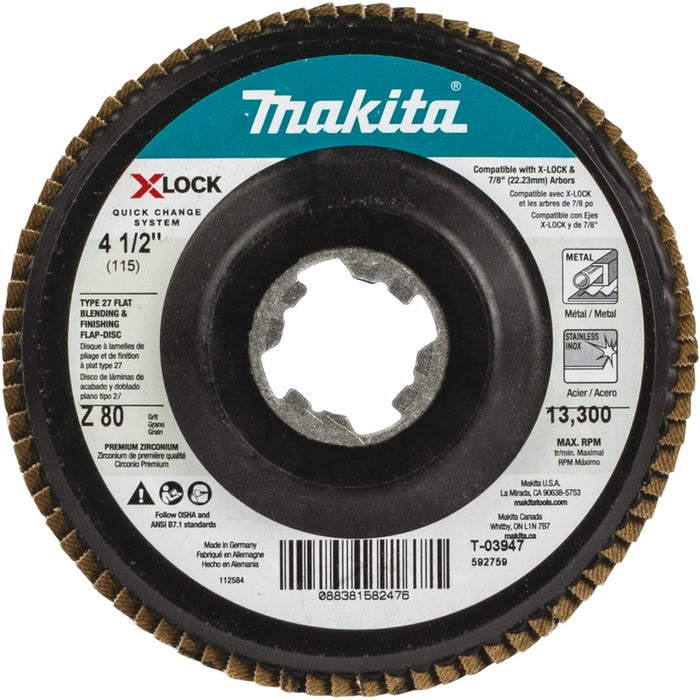 Makita X-LOCK 4‑1/2" 80 Grit Type 27 Flat Blending and Finishing Flap Disc for X-LOCK and All 7/8" Arbor Grinders