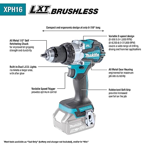 Makita XPH16T 18V LXT Lithium-Ion Compact Brushless Cordless 1/2" Hammer Driver-Drill Kit (5.0Ah)