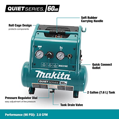 Makita Quiet Series, 1 HP, 2 Gallon, Oil-Free, Electric Air Compressor