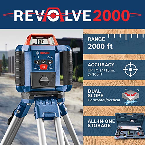 Bosch REVOLVE2000 Exterior 2000ft Range Horizontal/Vertical Self-Leveling Cordless Rotary Laser Combo Kit with Tripod, 13ft Grade Rod and Laser Receiver (Open Box, Excellent Condition)