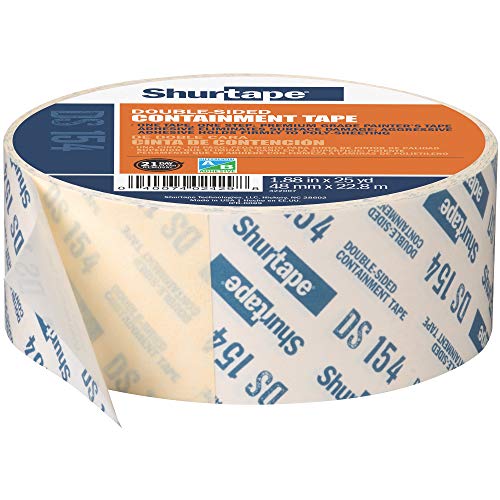 Shurtape DS 154 Double-Sided Containment Tape, Painter's Tape and Sticks to Plastic Sheets, For Painting and Remodeling, 48mm x 23 Meters, Natural, 1 Roll