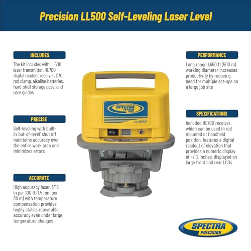 Spectra Precision (LL500) Self-Leveling Laser Level with HL700 Receiver, C70 Rod Clamp, Alkaline Batteries, Carry Case