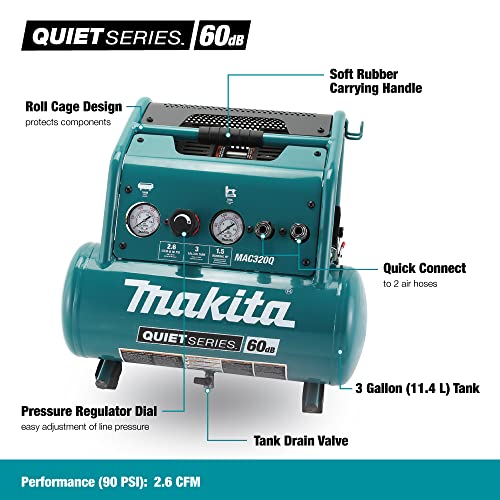 Makita Quiet Series 1-1/2 HP, 3 Gallon, Oil-Free, Electric Air Compressor