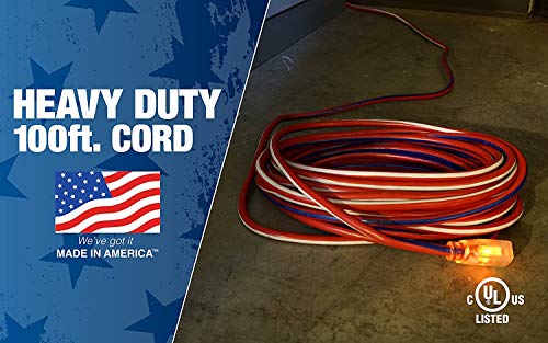Southwire 2549 100-Feet, Contractor Grade, 12/3, Lighted End Red White and Blue, American Made, Indoor and Outdoor Use, Water Resistant Flexible Jacket Extension Cord, 100 Foot