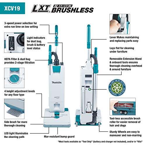 Makita XCV19PG 18V X2 (36V) LXT Lithium-Ion Brushless Cordless 1.3 Gallon HEPA Filter 12” Upright Vacuum
