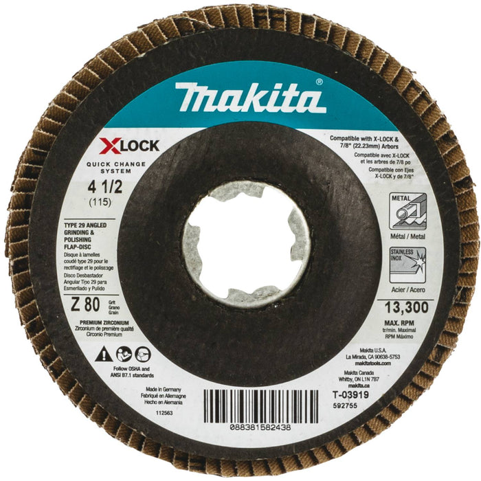 Makita X-LOCK 4‑1/2" 80 Grit Type 29 Angled Grinding and Polishing Flap Disc for X-LOCK and All 7/8" Arbor Grinders