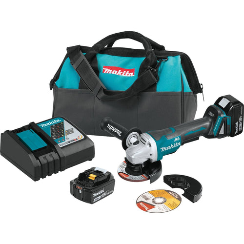 Makita XAG11T - 18V LXT Lithium-Ion Brushless Cordless 4-1/2” / 5" Paddle Switch Cut-Off/Angle Grinder Kit, electric brake, bag, lock-off, no lock-on (5.0Ah)