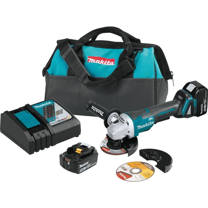 Makita XAG11T - 18V LXT Lithium-Ion Brushless Cordless 4-1/2” / 5" Paddle Switch Cut-Off/Angle Grinder Kit, electric brake, bag, lock-off, no lock-on (5.0Ah)