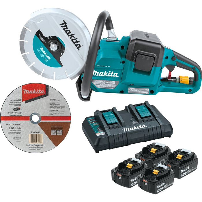 Makita XEC01PT1 36V (18V X2) LXT Brushless 9" Power Cutter Kit, 4 ea. battery, cut-off wheel, dual port charger, lock-off (5.0 Ah)