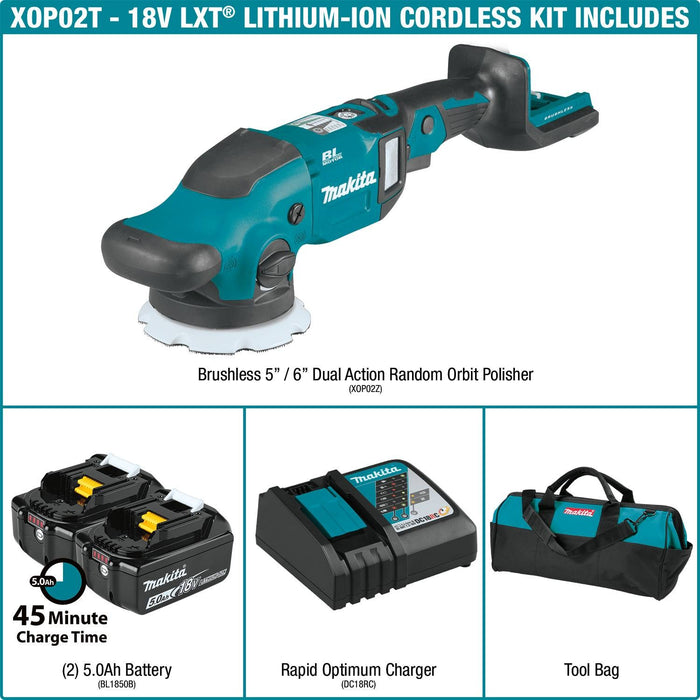 Makita XOP02T - 18V LXT Lithium-Ion Brushless Cordless 5"/6" Dual Action Random Orbit Polisher Kit , 0-780 RPM, 0-6,800 OPM, var. spd., bag (5.0Ah)