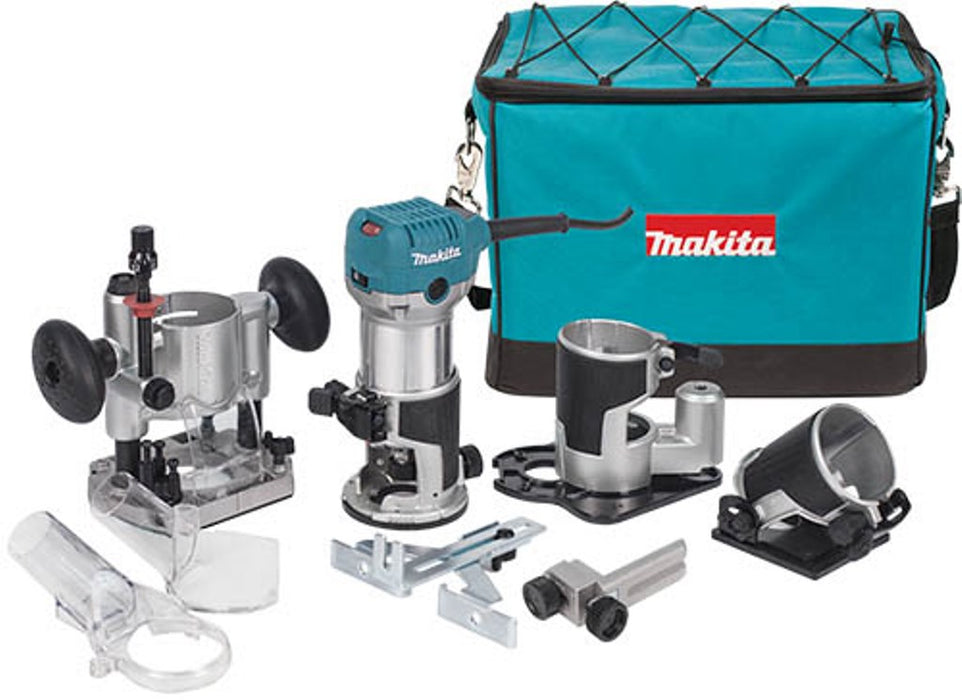 Makita 1-1/4 HP Compact Router Kit, Fixed, Plunge, Tilt and Offset bases, 10,000-30,000 RPM, var. spd., bag