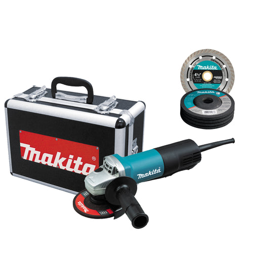 Makita 9557PBX1 - 4-1/2" Paddle Switch Cut-Off/Angle Grinder with aluminum case, diamond blade, 5 ea. grinding wheel, cut-off & grinding guards, lock-off, lock-on