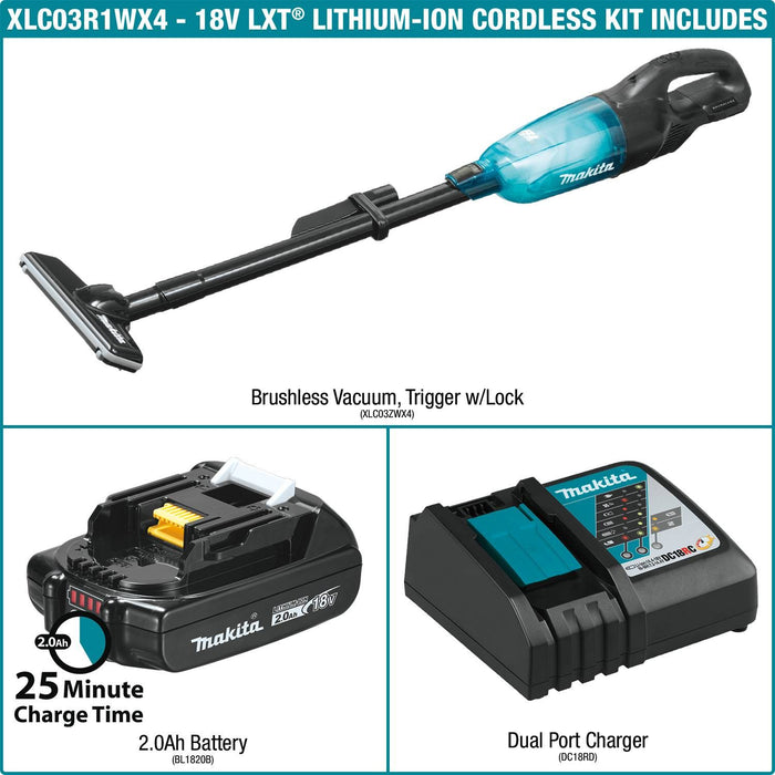 Makita XLC03R1WX4 - 18V LXT Lithium-ion Compact Brushless Cordless Vacuum Kit, Trigger w/ Lock, with one battery (2.0Ah)
