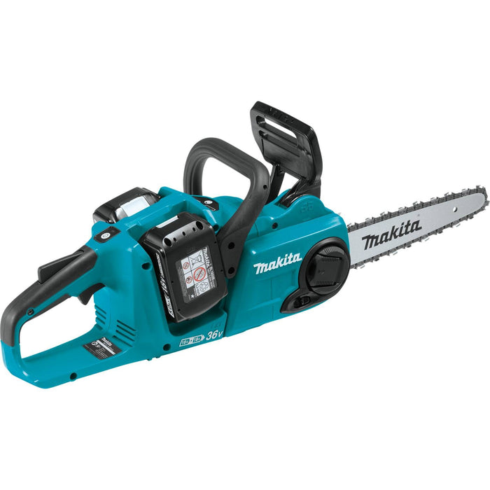Makita 18V LXT Lithium-Ion Brushless Cordless 14 In. Chain Saw Kit (5.0Ah) and Brushless Angle Grinder