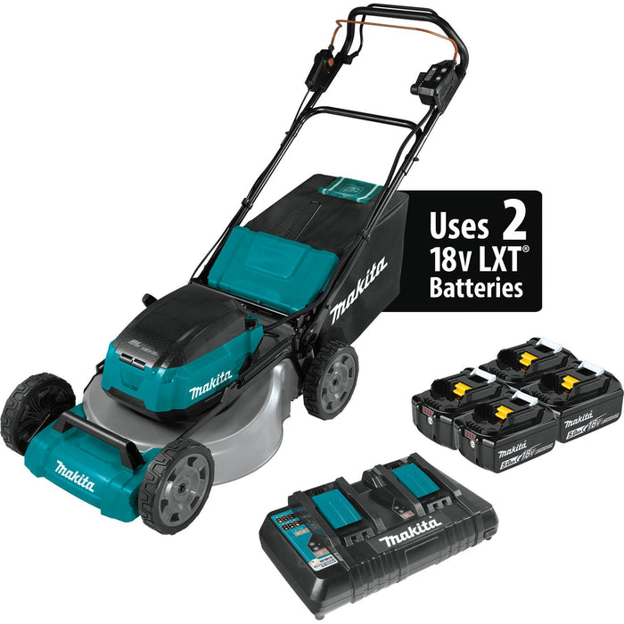 Makita 18V LXT Brushless 21" Self-Propelled Commercial Lawn Mower Kit, 4 ea. BL1850B battery, dual port charger (5.0Ah)