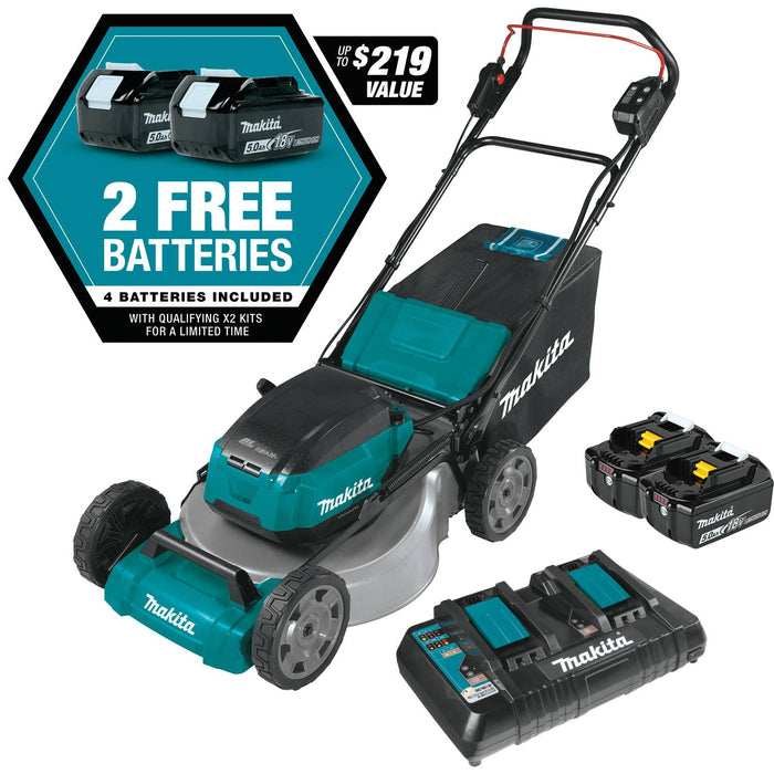 Makita 18V LXT Brushless 21" Commercial Lawn Mower Kit, 4 ea. BL1850B battery, dual port charger (5.0Ah)