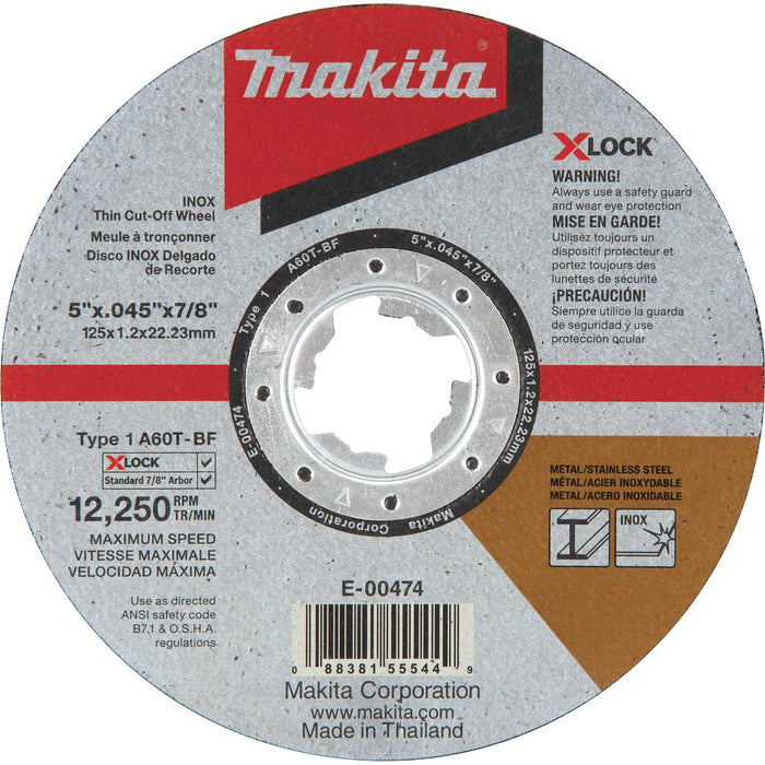 Makita E-00474 X-LOCK 5" x .045" x 7/8" Type 1 General Purpose 60 Grit Thin Cut‑Off Wheel for Metal and Stainless Steel Cutting
