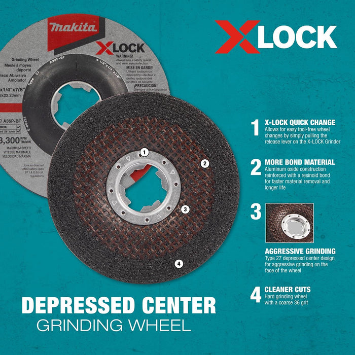 Makita X-LOCK 5" x 1/4" x 7/8" Type 27 General Purpose 36 Grit Metal Abrasive Grinding Wheel
