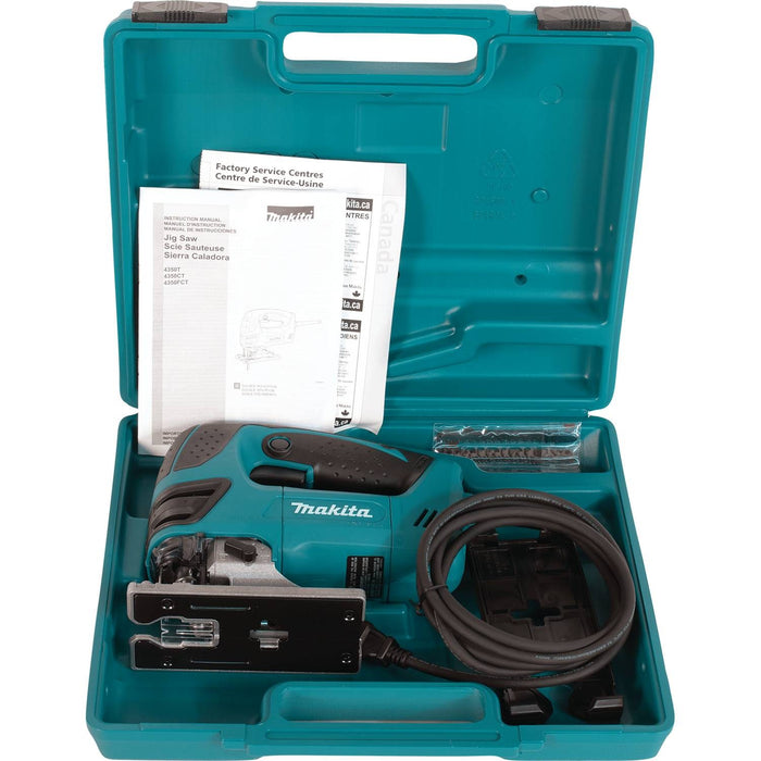 Makita 4350FCT - Top Handle Jig Saw, tool-less, L.E.D. Light, 800-2,800 SPM, var. spd., orbital, case