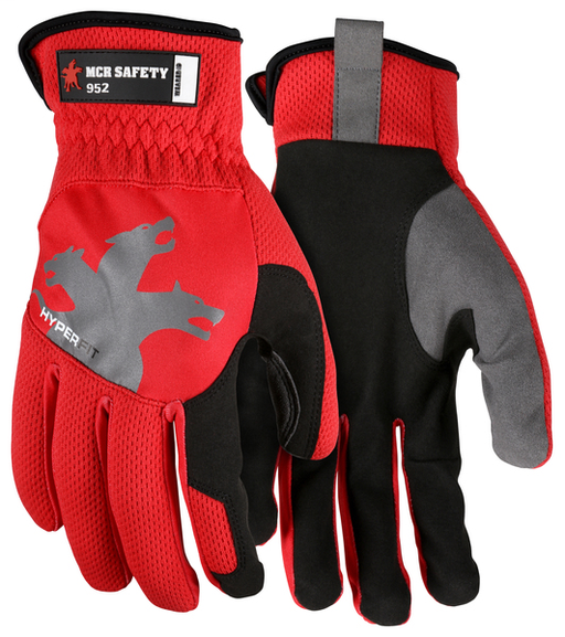 MCR Safety HyperFit® Red Mechanics Work Gloves Synthetic Leather Palm Reflective Logo on Back Super Stretch Knuckle Fabric