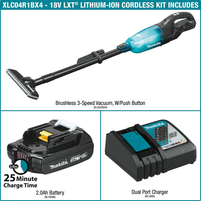 Makita XLC04R1BX4 - 18V LXT Lithium-ion Compact Brushless Cordless 3-Speed Vacuum Kit, w/ Push Button, with one battery (2.0Ah)