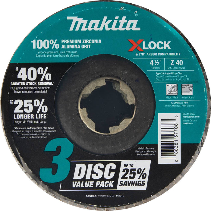 Makita X-LOCK 4‑1/2" 40 Grit Type 29 Angled Grinding and Polishing Flap Disc for X-LOCK and All 7/8" Arbor Grinders, 3/pk