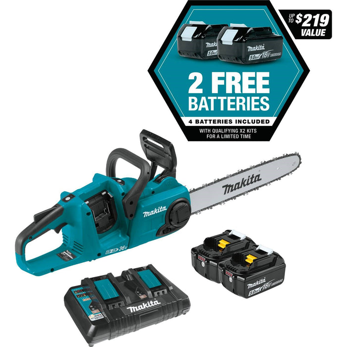 Makita 18V LXT Brushless 16" Chain Saw Kit, 4 ea. BL1850B battery, dual port charger (5.0Ah)