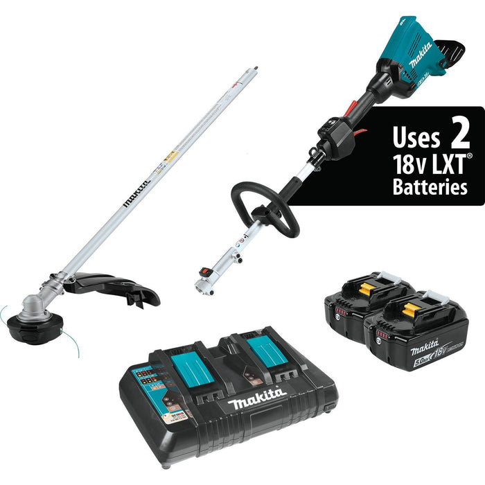 Makita (XUX01M5PT) 36V (18V X2) LXT Brushless Couple Shaft Power Head Kit with String Trimmer Attachment, dual port charger (5.0Ah)