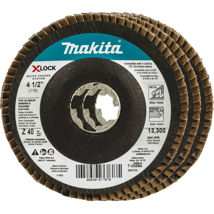 Makita X-LOCK 4‑1/2" 40 Grit Type 29 Angled Grinding and Polishing Flap Disc for X-LOCK and All 7/8" Arbor Grinders, 3/pk