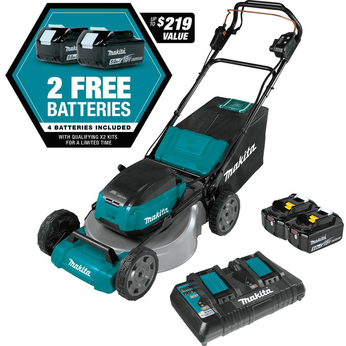 Makita 18V LXT Brushless 21" Self-Propelled Commercial Lawn Mower Kit, 4 ea. BL1850B battery, dual port charger (5.0Ah)