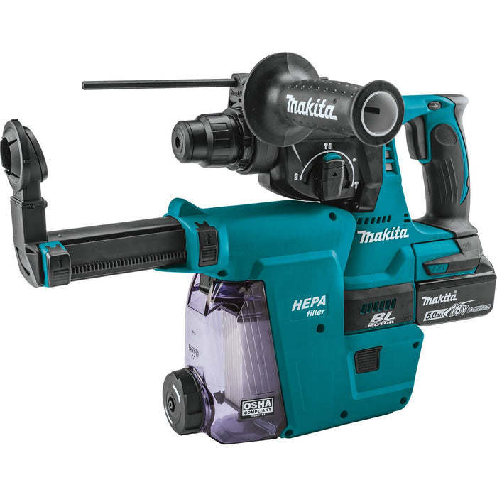 Makita 18V LXT Lithium-Ion Brushless Cordless 1" Rotary Hammer Kit, accepts SDS-PLUS bits, HEPA Dust Extractor Attachment, bag (5.0Ah)