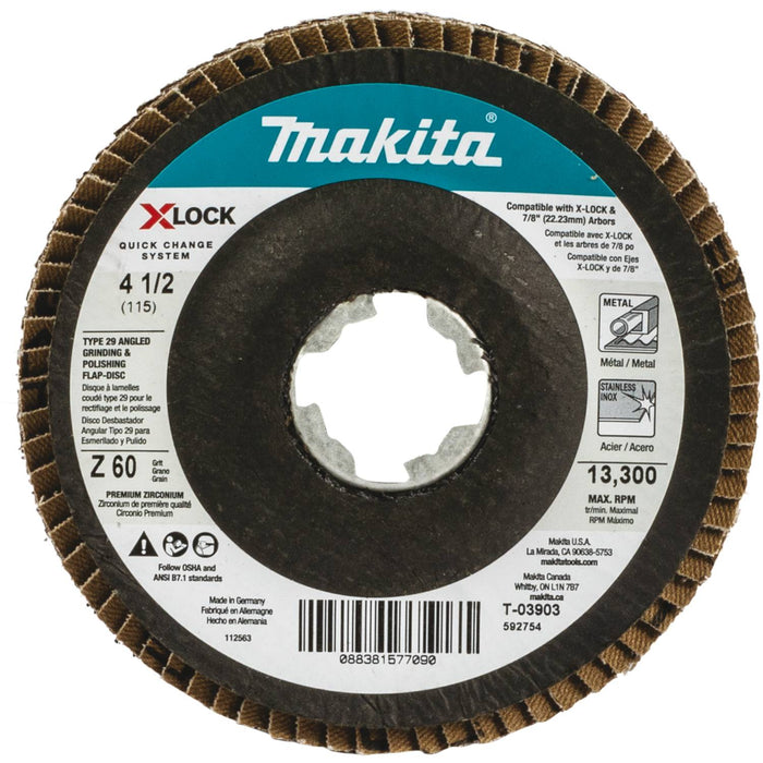 Makita X-LOCK 4‑1/2" 60 Grit Type 29 Angled Grinding and Polishing Flap Disc X-LOCK and All 7/8" Arbor Grinders, 3/pk