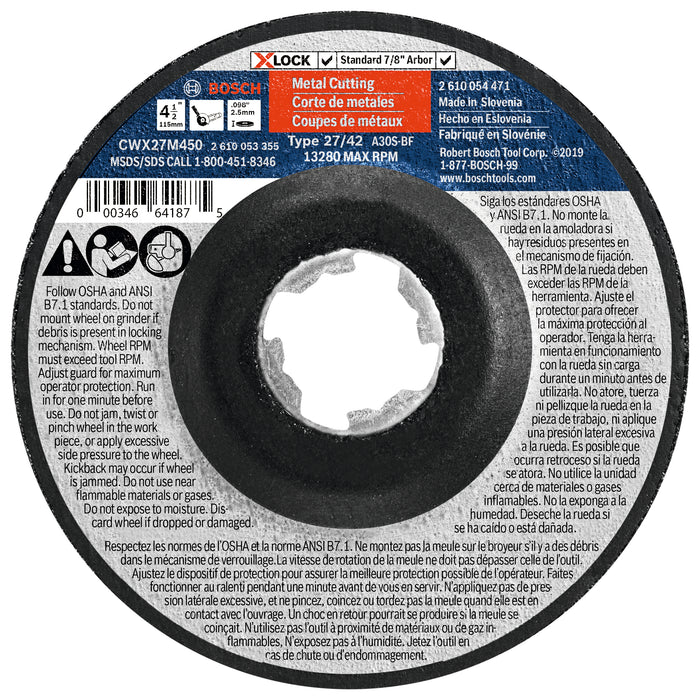 Bosch (CWX27M450) 4-1/2 In. x .098 In. X-LOCK Arbor Type 27A (ISO 42) 30 Grit Metal Cutting and Grinding Abrasive Wheel